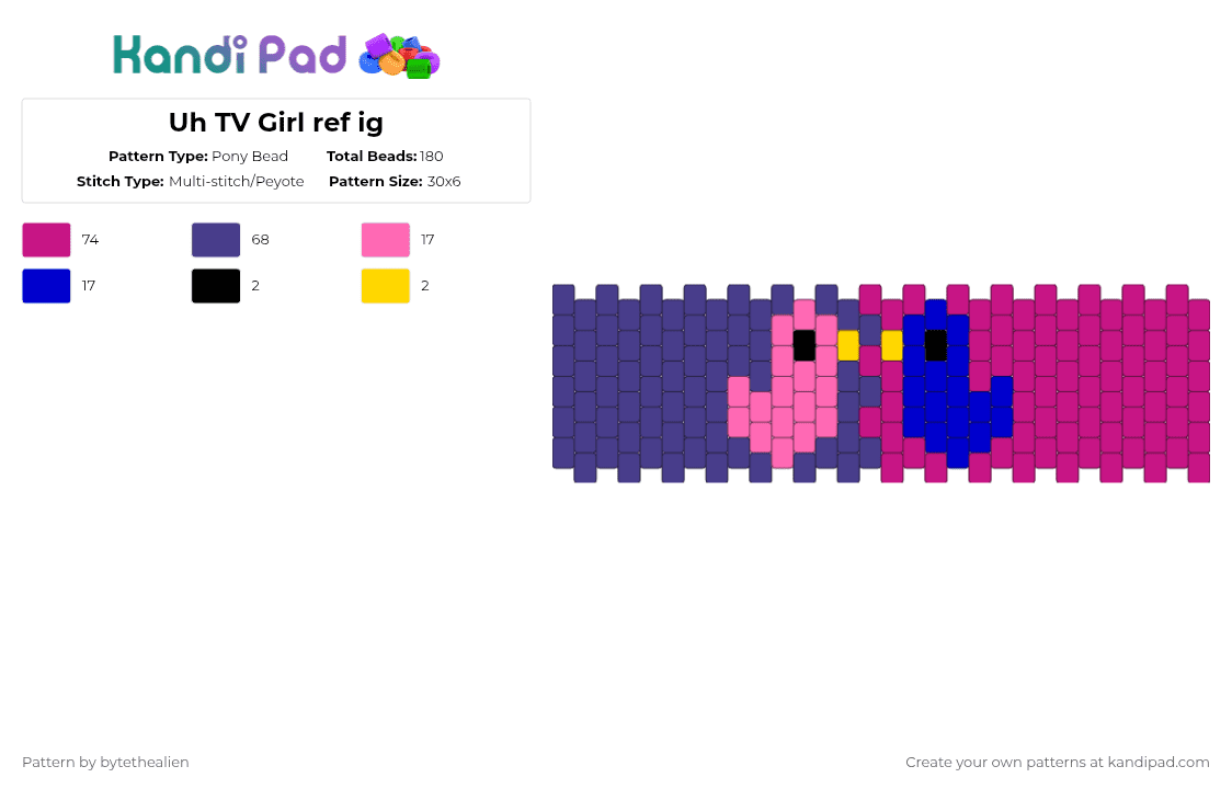 Uh TV Girl ref ig - Pony Bead Pattern by bytethealien on Kandi Pad - purple,pink,tv girl,bytethealien,firstpattern,cute,duck,blue,kewl