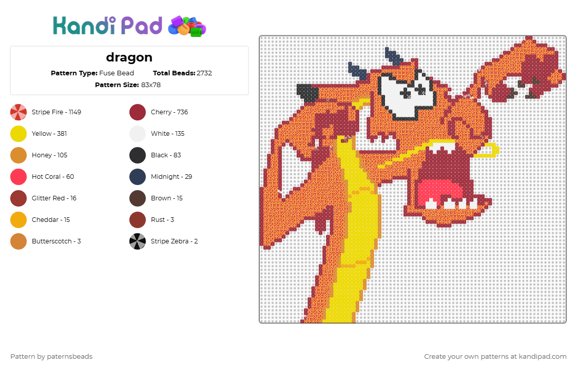dragon - Fuse Bead Pattern by paternsbeads on Kandi Pad - mushu,dragon,mulan,character,animation,disney,movie,cartoon,red
