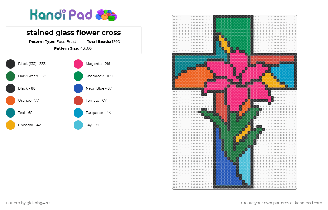 stained glass flower cross - Fuse Bead Pattern by glckbbg420 on Kandi Pad - green,orange,pink,cross,stained glass,flower