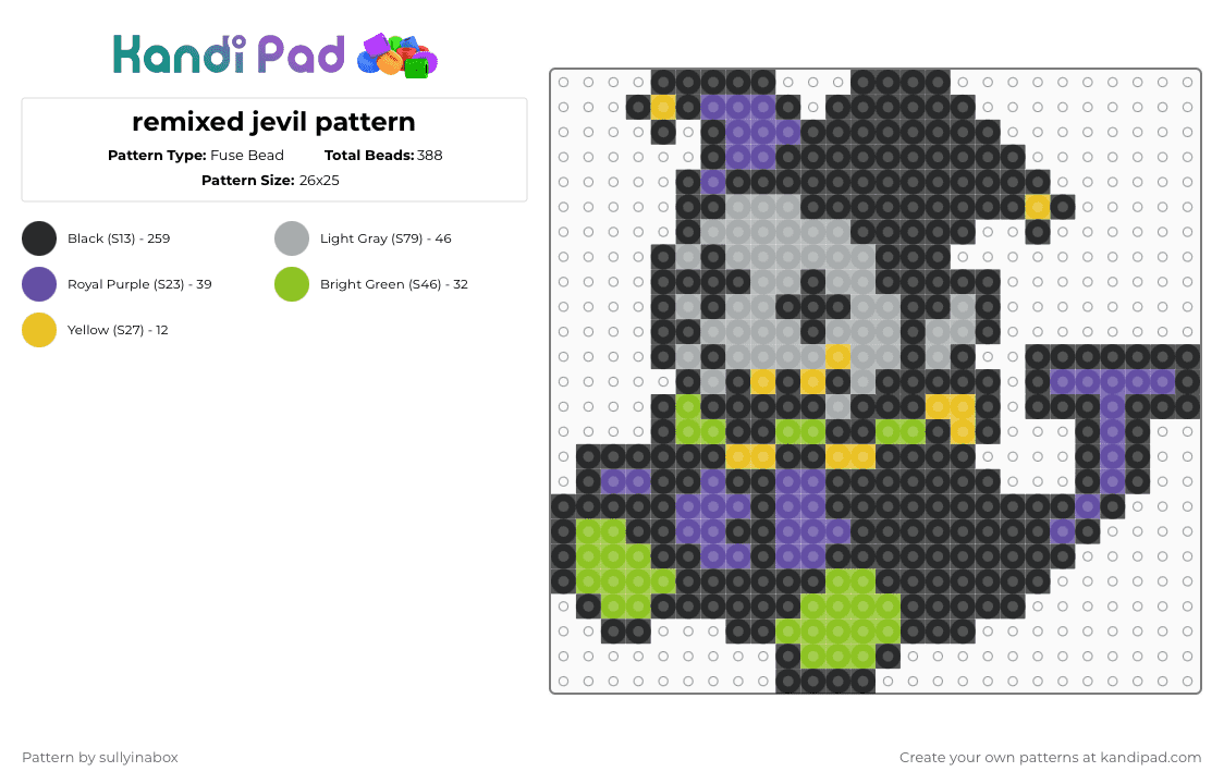 remixed jevil pattern - Fuse Bead Pattern by sullyinabox on Kandi Pad - black,green,purple,gray