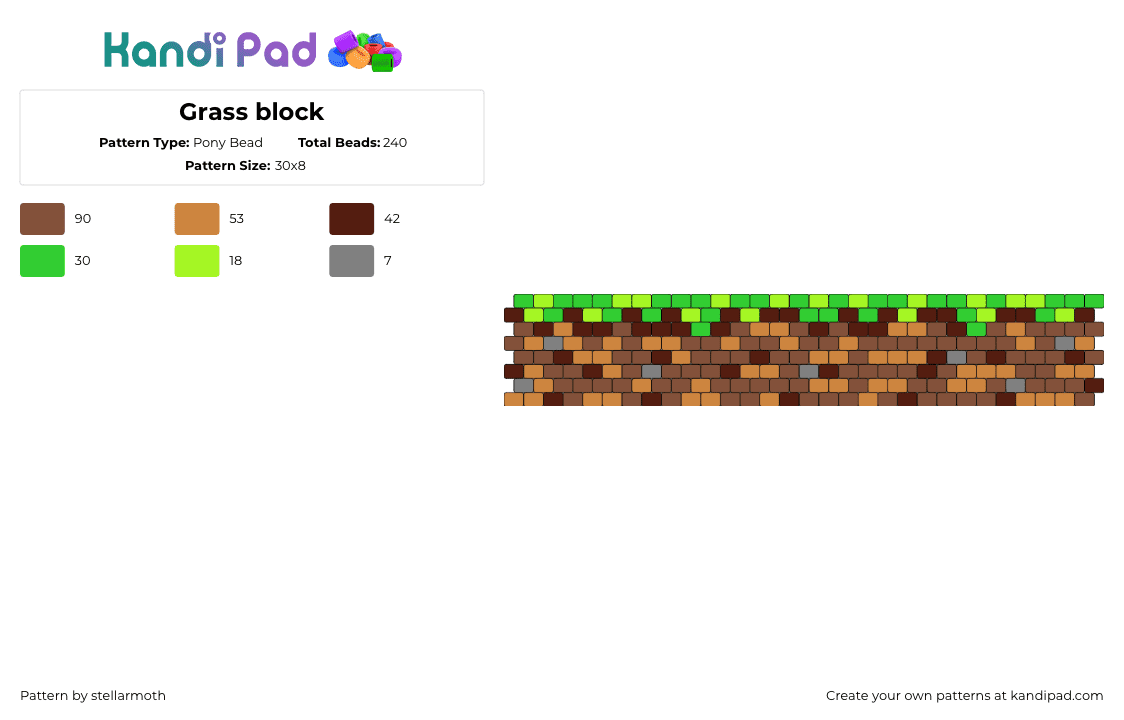 Grass block - Pony Bead Pattern by stellarmoth on Kandi Pad - minegraft,grass,dirt,block,bracelet,cuff,video game,brown,green