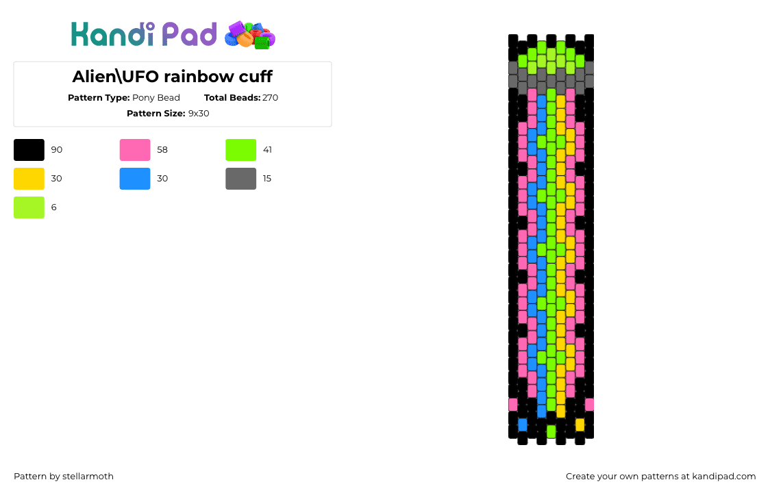 Alien\\UFO rainbow cuff - Pony Bead Pattern by stellarmoth on Kandi Pad - ufo,neon,rainbow,alien,space,cuff,colorful,bright,green,pink,black