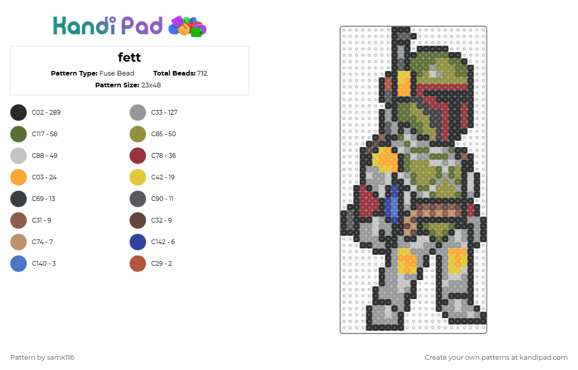 fett - Fuse Bead Pattern by samk116 on Kandi Pad - boba fett,fett,star wars,character,bounty hunter,movie,scifi,black,gray,gold,red,colorful