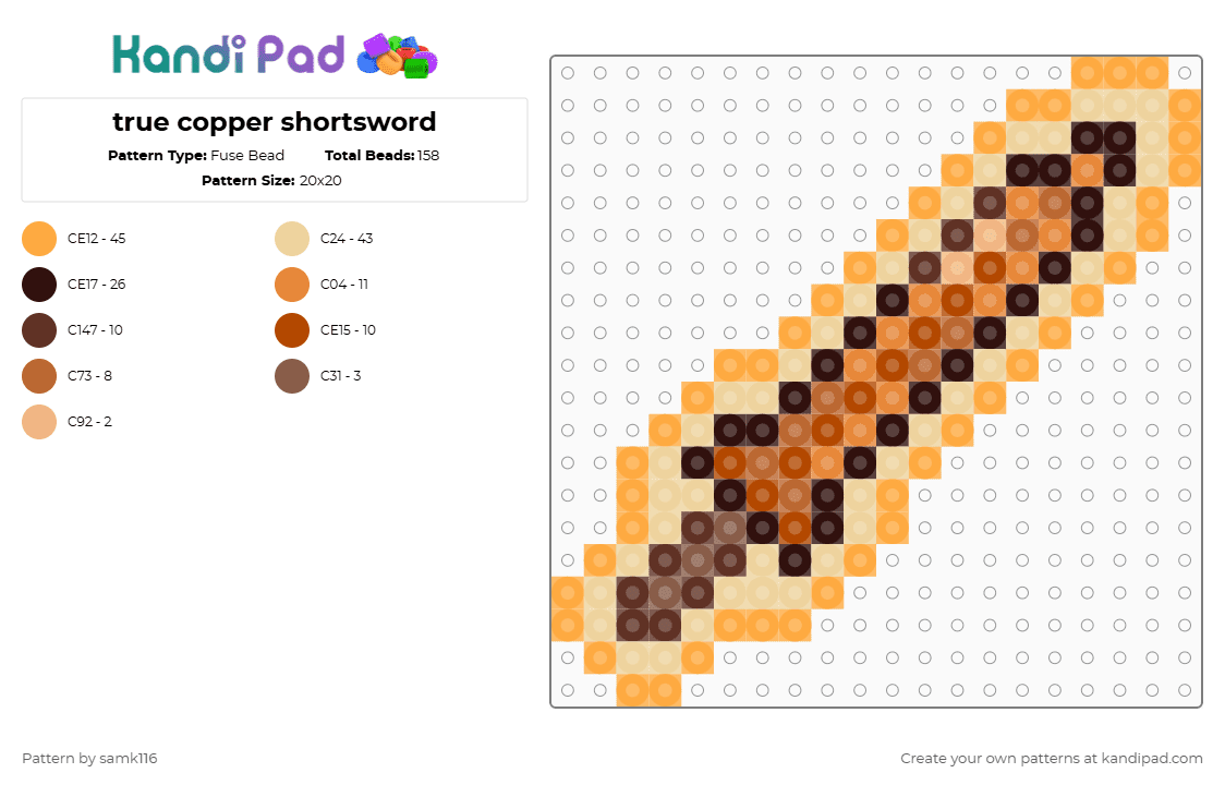 true copper shortsword - Fuse Bead Pattern by samk116 on Kandi Pad - brown,orange,beige