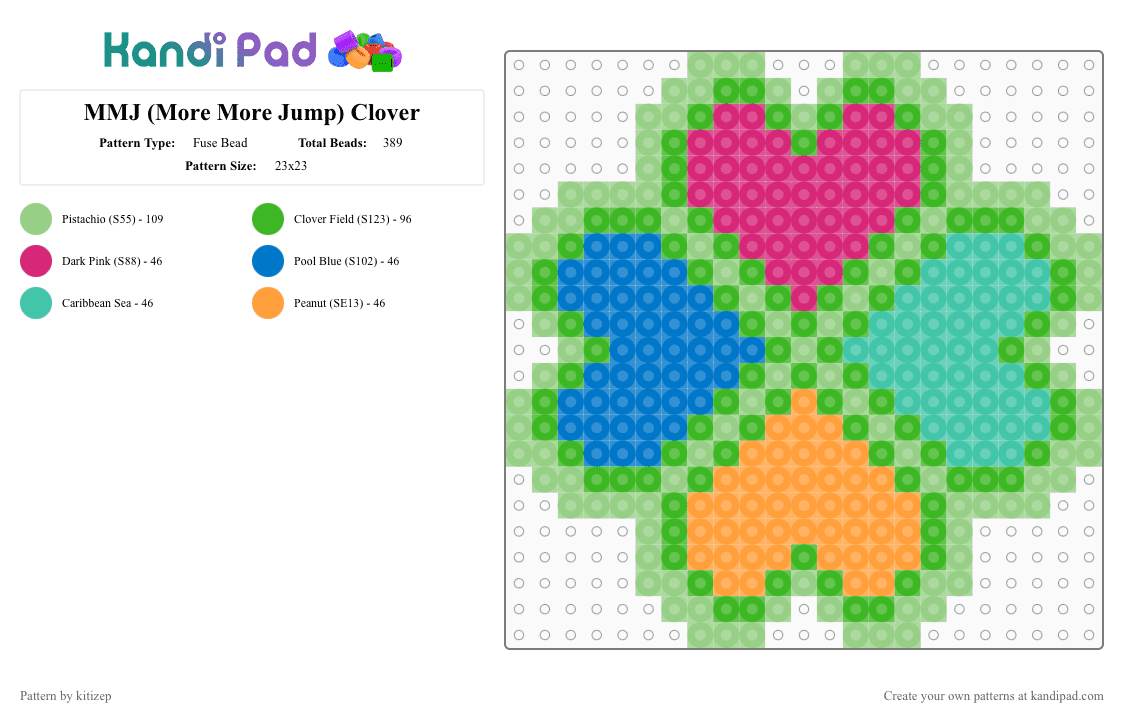MMJ (More More Jump) Clover - Fuse Bead Pattern by kitizep on Kandi Pad - green,teal,project sekai,mmj,more more jump