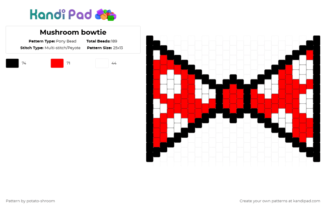 Mushroom bowtie - Pony Bead Pattern by potato-shroom on Kandi Pad - red,white