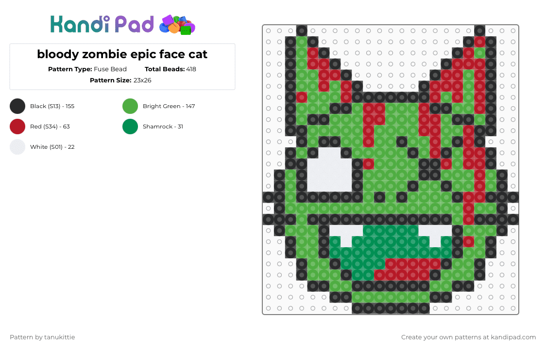 bloody zombie epic face cat - Fuse Bead Pattern by tanukittie on Kandi Pad - red,green,epicface,awesomeface,zombie
