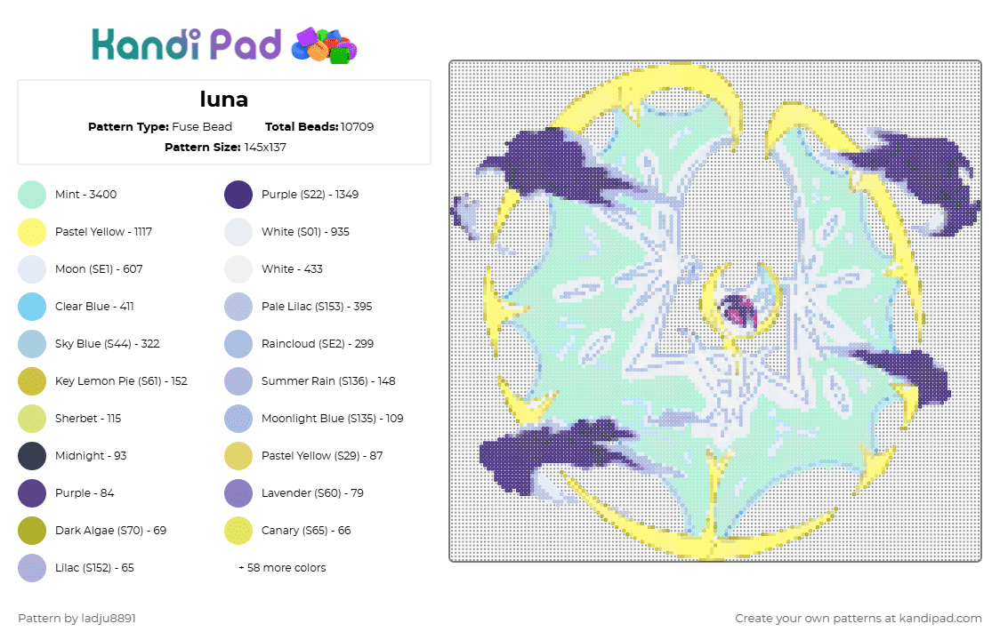 luna - Fuse Bead Pattern by ladju8891 on Kandi Pad - yellow,light blue,purple,pink