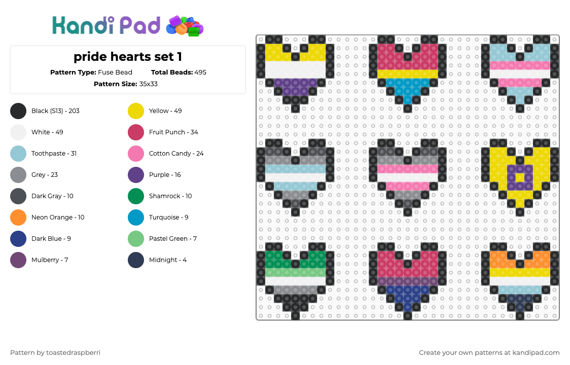 pride hearts set 1 - Fuse Bead Pattern by toastedraspberri on Kandi Pad - black,yellow,pink,gray,colorful