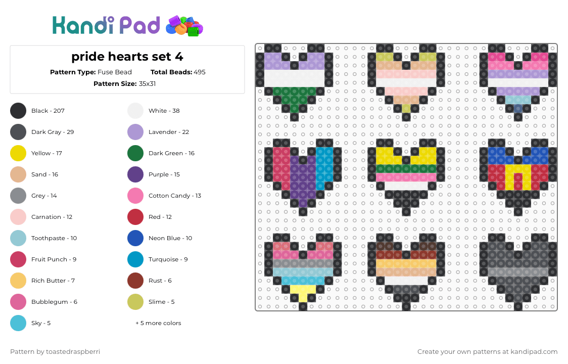 pride hearts set 4 - Fuse Bead Pattern by toastedraspberri on Kandi Pad - black,pink,light blue,yellow,colorful