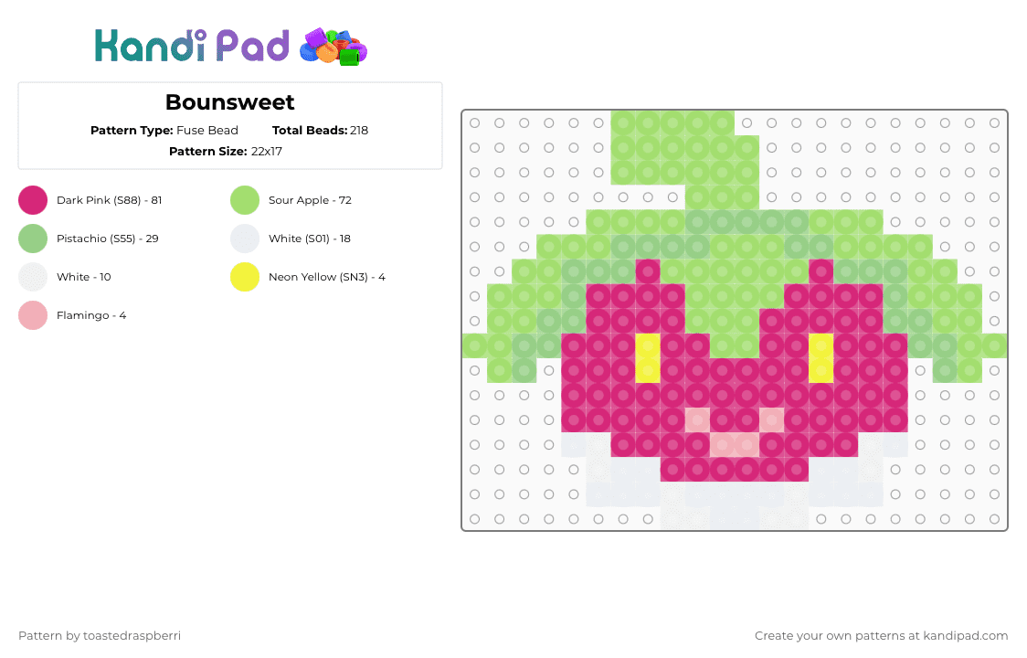 Bounsweet - Fuse Bead Pattern by toastedraspberri on Kandi Pad - 761, bounsweet, green, pink, pokemon