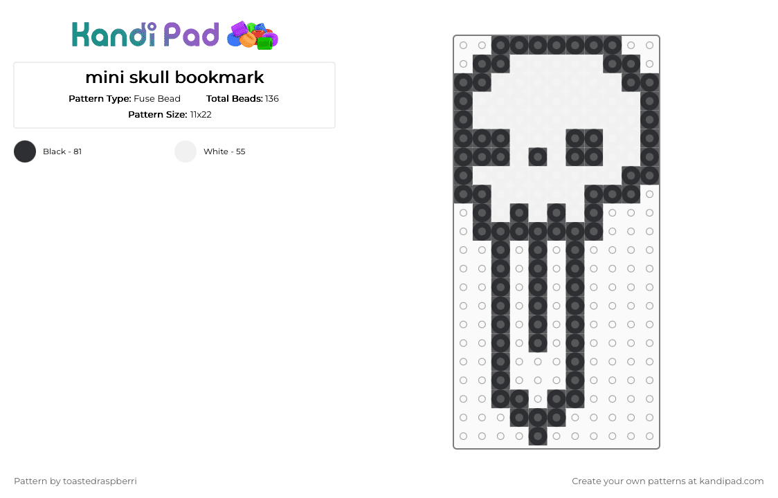 mini skull bookmark - Fuse Bead Pattern by toastedraspberri on Kandi Pad - black, bookmark, skull, white