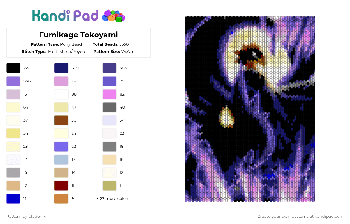 Fumikage Tokoyami - Pony Bead Pattern by blader_x on Kandi Pad - black,purple,blue,pink