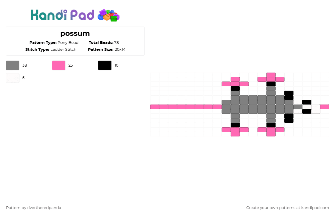 possum - Pony Bead Pattern by rivertheredpanda on Kandi Pad - gray, pink