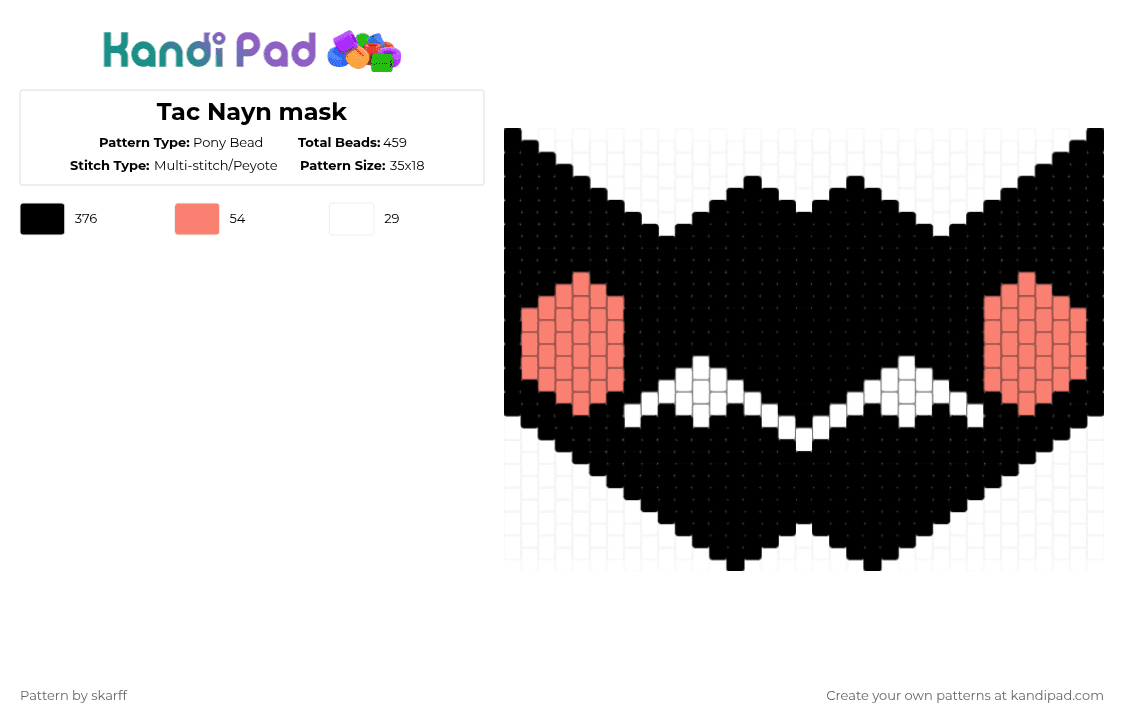 Tac Nayn mask - Pony Bead Pattern by skarff on Kandi Pad - black,white,orange,nyan cat,tac nayn,mask