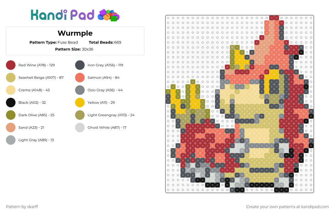 Wurmple - Fuse Bead Pattern by skarff on Kandi Pad - purple,yellow,red,pokemon,wurmple,bug,pixel,sprite,pokemon sprite,bug type,bug pokemon