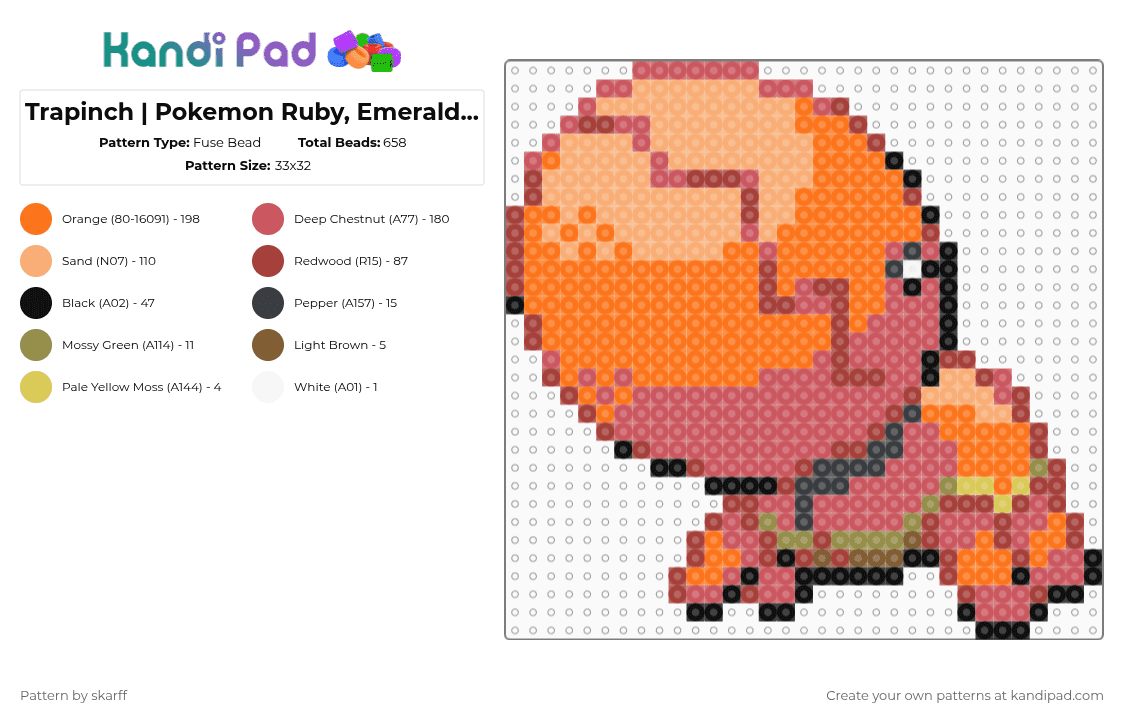 Trapinch | Pokemon gen 3 sprite | - Fuse Bead Pattern by skarff on Kandi Pad - red,orange,pokemon,trapinch,trapinch pokemon,pokemon ruby,pokemon sapphire,pokemon emerald,sprite,pokemon sprite