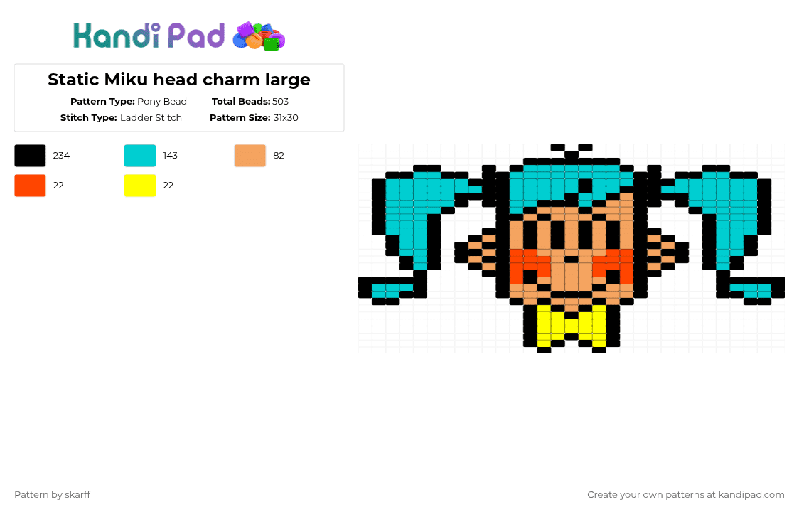 Static Miku head charm large - Pony Bead Pattern by skarff on Kandi Pad - orange,light blue,miku,static,static miku,charm,large charm,large,vocaloid,starts breakdancing