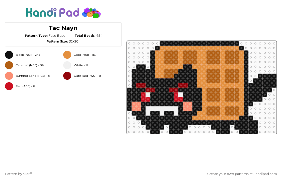 Tac Nayn - Fuse Bead Pattern by skarff on Kandi Pad - black,orange,tan,tac nayn,nyan cat,charm,cat,nyan,waffle