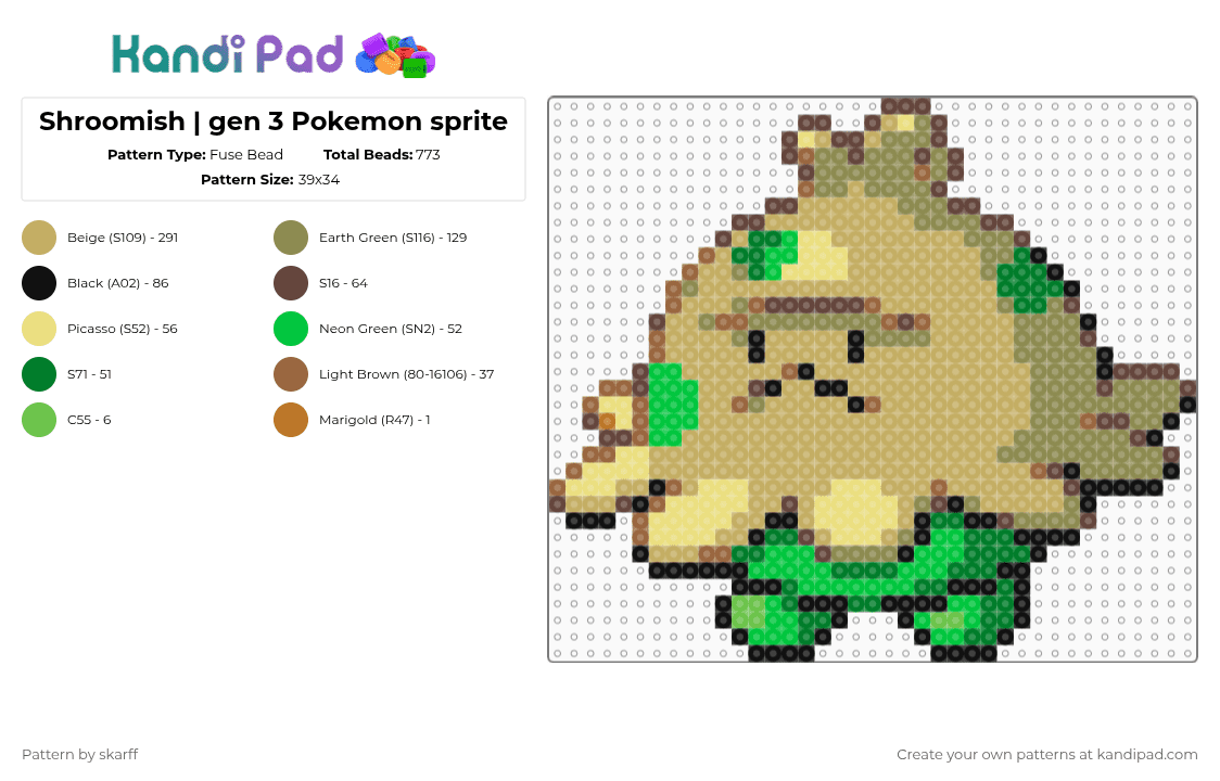 Shroomish | gen 3 Pokemon sprite - Fuse Bead Pattern by skarff on Kandi Pad - beige, gold, green, pokemon, pokemon emerald, pokemon gen 3, pokemon ruby, pokemon sapphire, pokemon sprite, shroomish, sprite