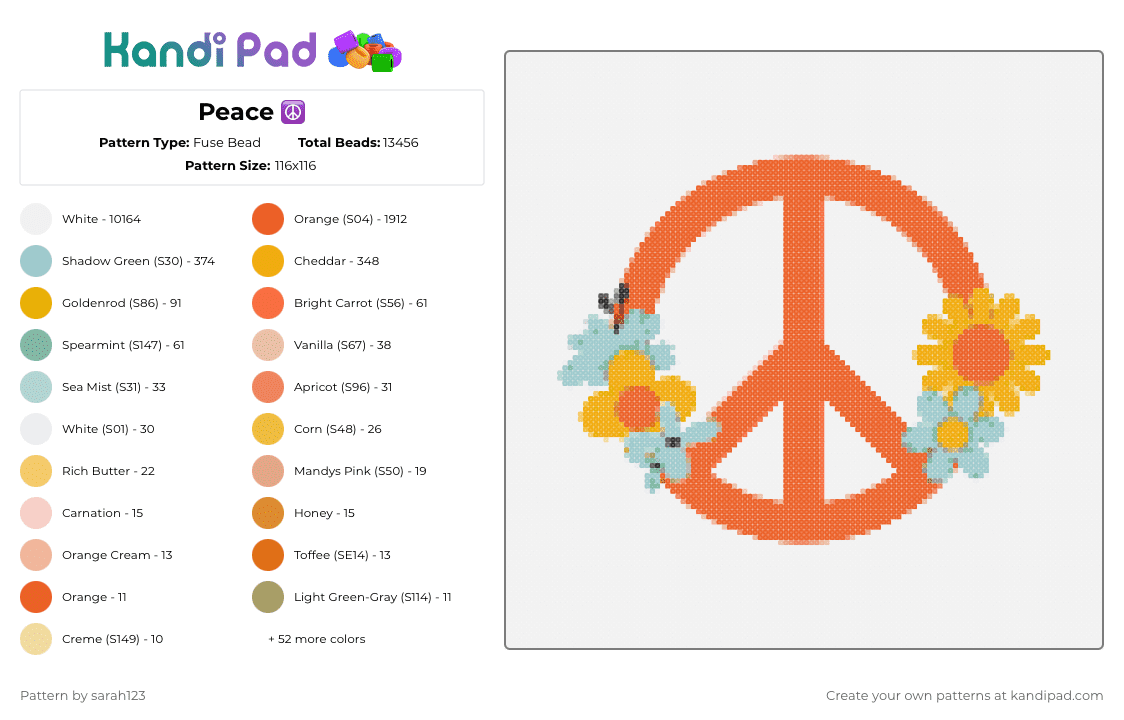 Peace ☮️ - Fuse Bead Pattern by sarah123 on Kandi Pad - white,orange,light blue,cotdmelody