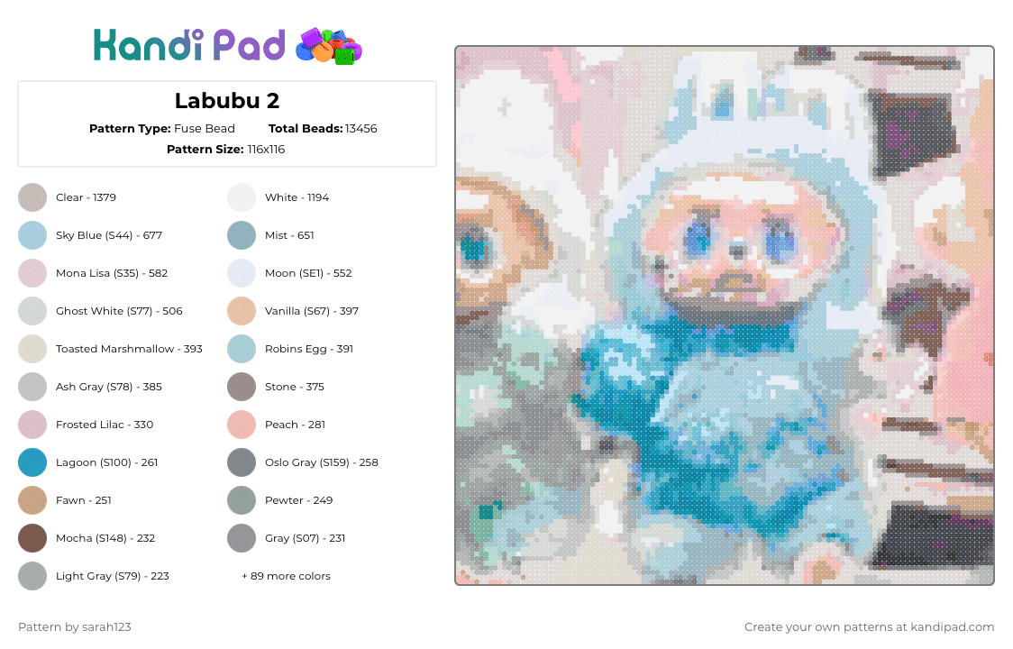 Labubu 2 - Fuse Bead Pattern by sarah123 on Kandi Pad - beige,gray,light blue