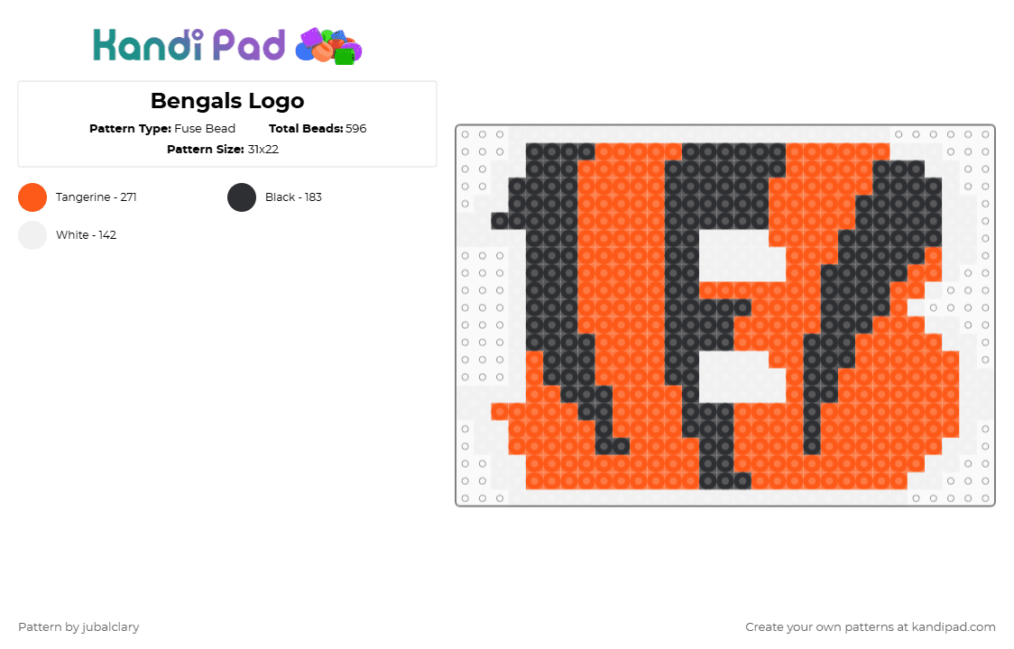 Bengals Logo - Fuse Bead Pattern by jubalclary on Kandi Pad - cincinnati,bengals,nfl,football,b,team,bengal,ohio