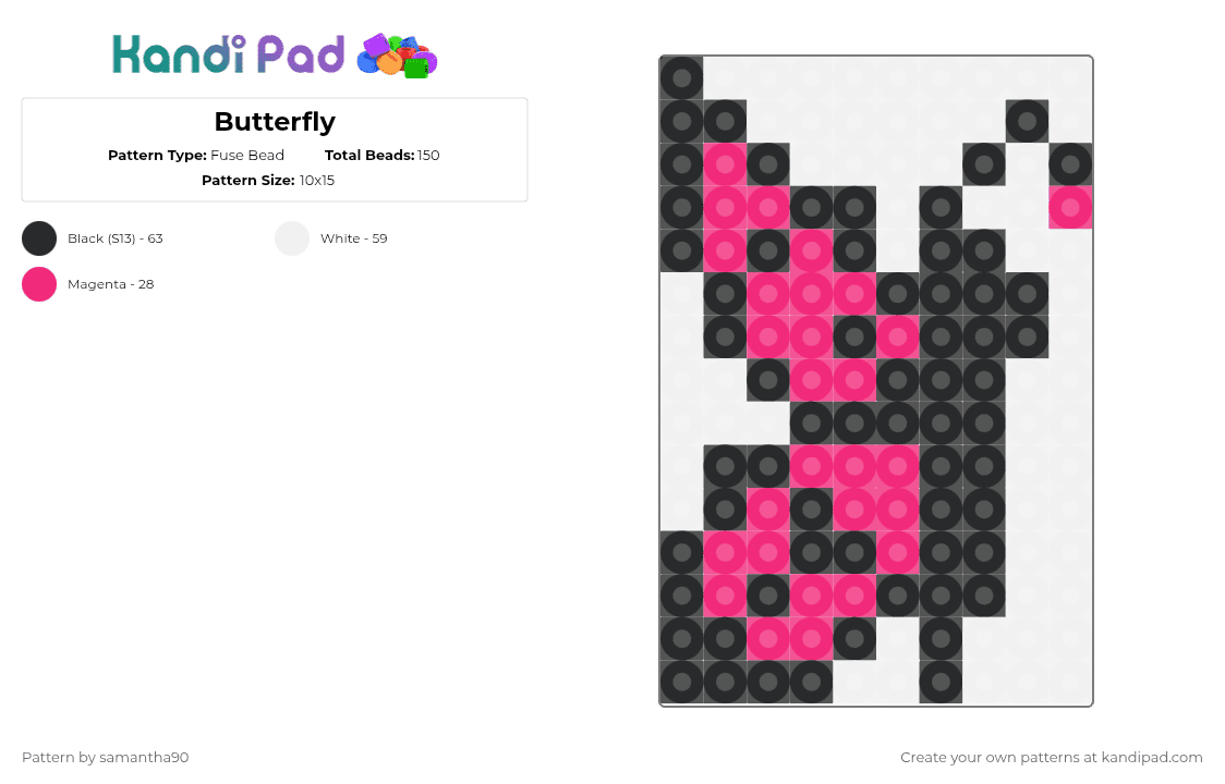 Butterfly - Fuse Bead Pattern by samantha90 on Kandi Pad - white,pink