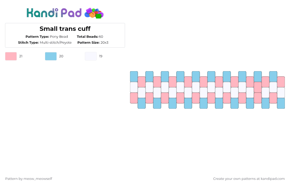 Small trans cuff - Pony Bead Pattern by meow_meowself on Kandi Pad - light blue, pink