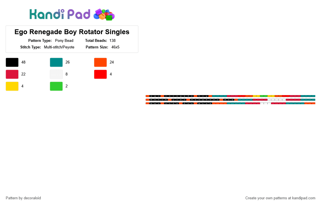 Ego Renegade Boy Rotator Singles - Pony Bead Pattern by decoraloid on Kandi Pad - flavor foley, kagamine len, red, teal, vocaloid