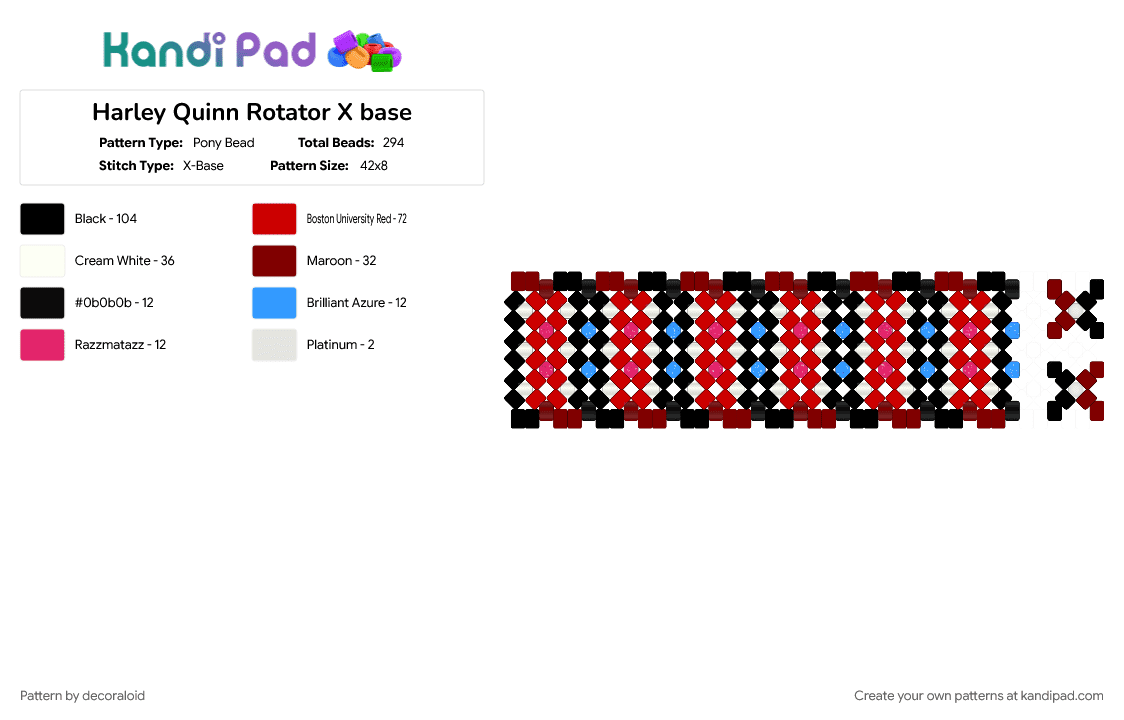Harley Quinn Rotator X base - Pony Bead Pattern by decoraloid on Kandi Pad - brown, harley quinn, red