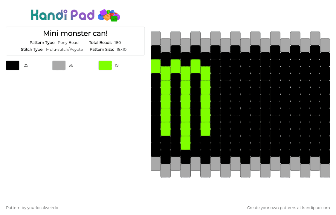 Mini monster can! - Pony Bead Pattern by yourlocalweirdo on Kandi Pad - black,green,beige
