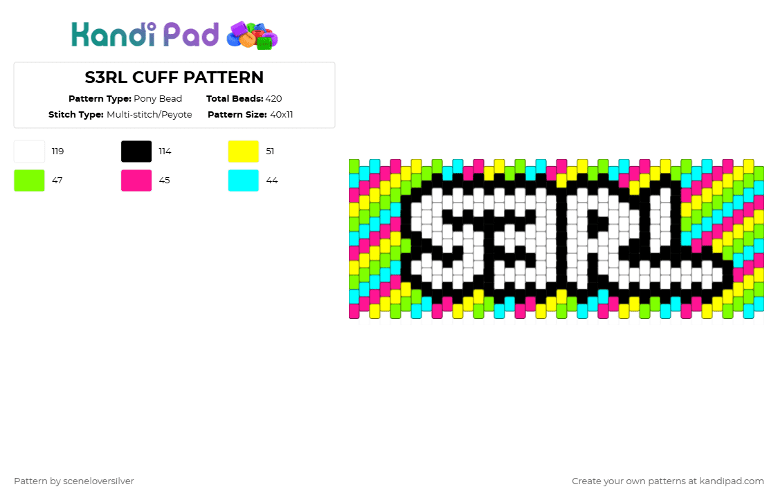 S3RL CUFF PATTERN - Pony Bead Pattern by kandikidbeing on Kandi Pad - pink,yellow,green,light blue