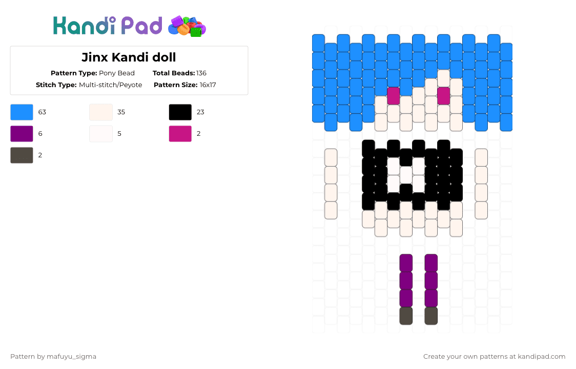 Jinx Kandi doll - Pony Bead Pattern by mafuyu_sigma on Kandi Pad - light blue