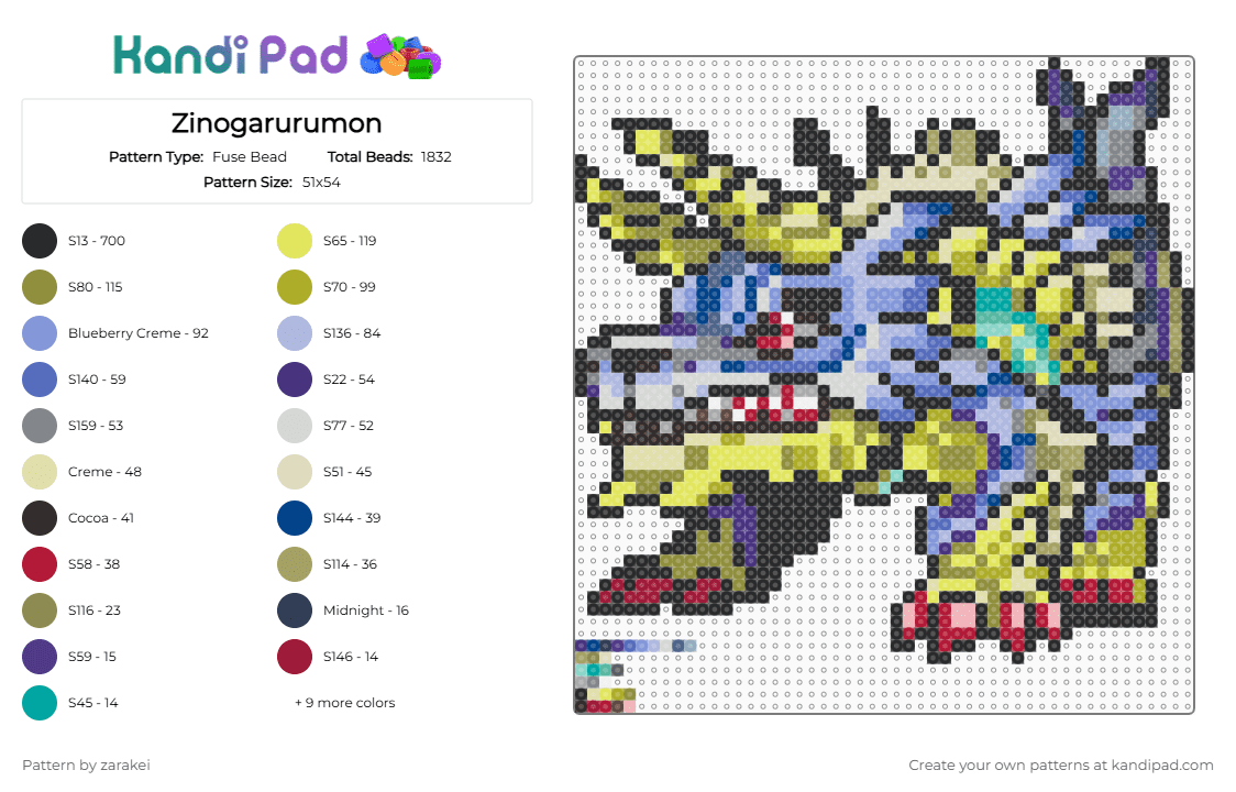 Zinogarurumon - Fuse Bead Pattern by zarakei on Kandi Pad - black,yellow,gold,light blue,blue,colorful