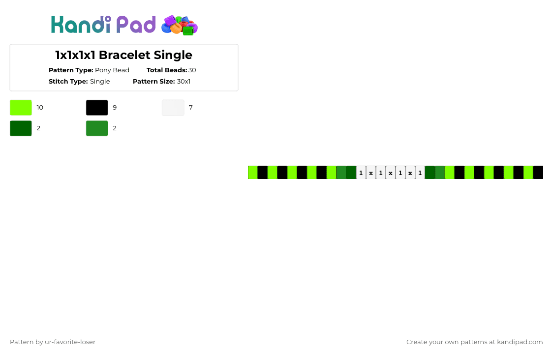 1x1x1x1 Bracelet Single - Pony Bead Pattern by ur-favorite-loser on Kandi Pad - green,white
