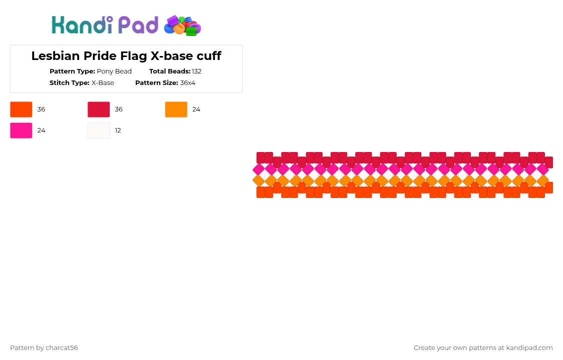Lesbian Pride Flag X-base cuff - Pony Bead Pattern by charcat56 on Kandi Pad - red