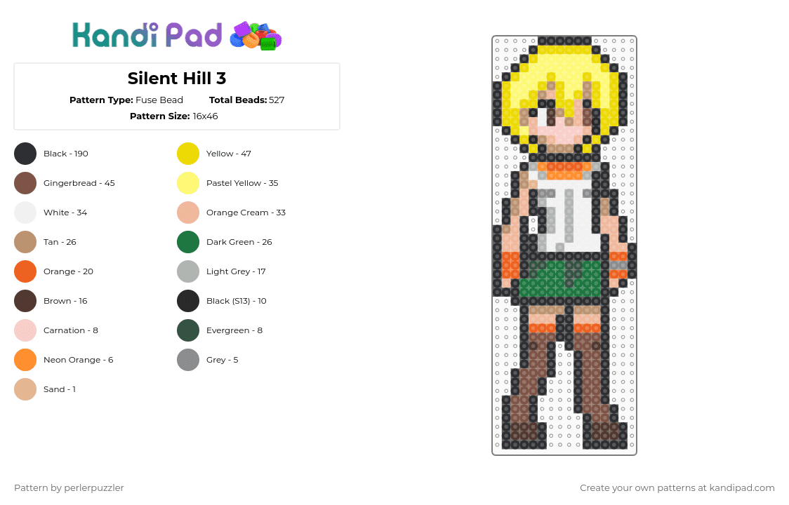 Silent Hill 3 - Fuse Bead Pattern by perlerpuzzler on Kandi Pad - yellow,beige,tan,silent hill,cheryl manson,video game