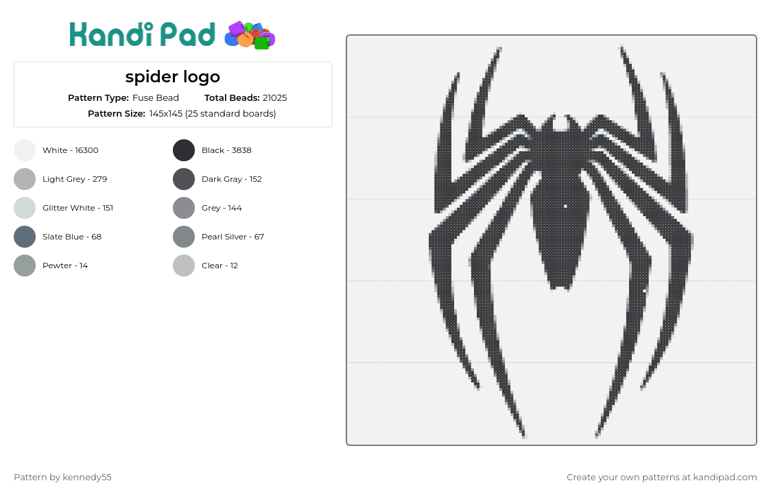 spider logo - Fuse Bead Pattern by kennedy55 on Kandi Pad - spider,spooky,spiderman,superhero,iconic,web-slinger,craft,black,silhouette