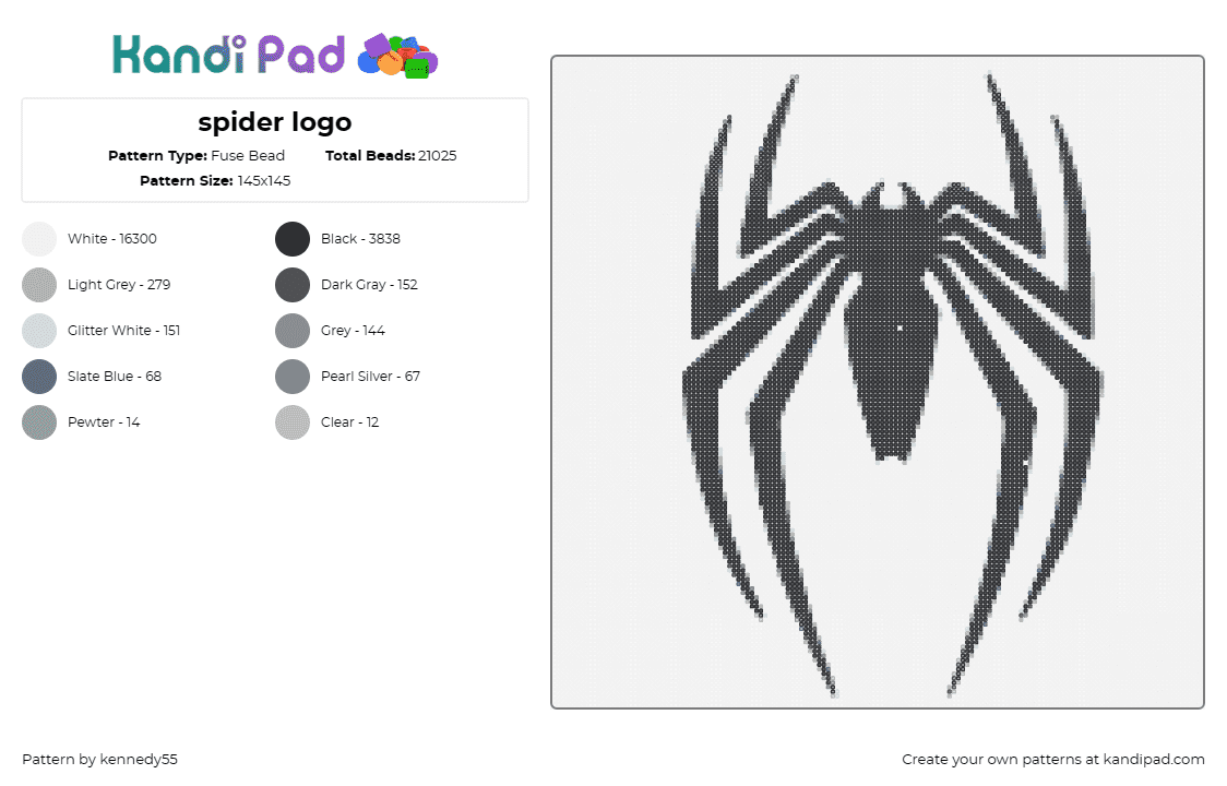 spider logo - Fuse Bead Pattern by kennedy55 on Kandi Pad - spider,spooky,spiderman,superhero,web-slinger,black,silhouette