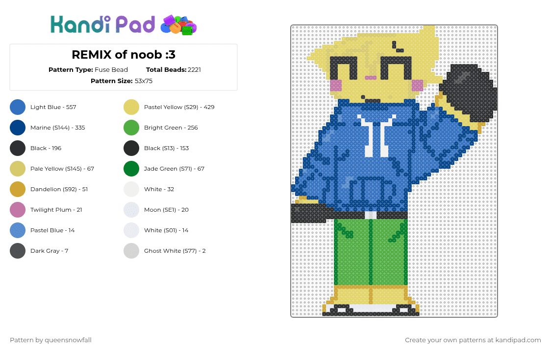 REMIX of noob :3 - Fuse Bead Pattern by queensnowfall on Kandi Pad - yellow,blue,green