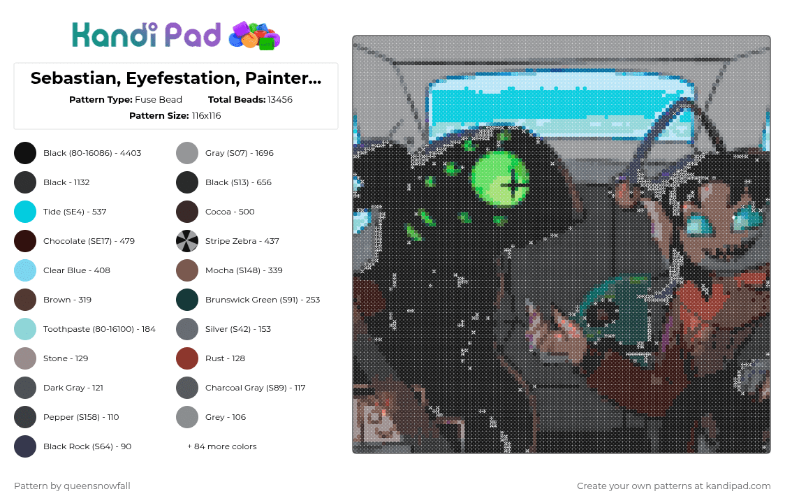 Sebastian, Eyefestation, Painter, Chain Smoker - Fuse Bead Pattern by queensnowfall on Kandi Pad - black,gray,light blue,brown