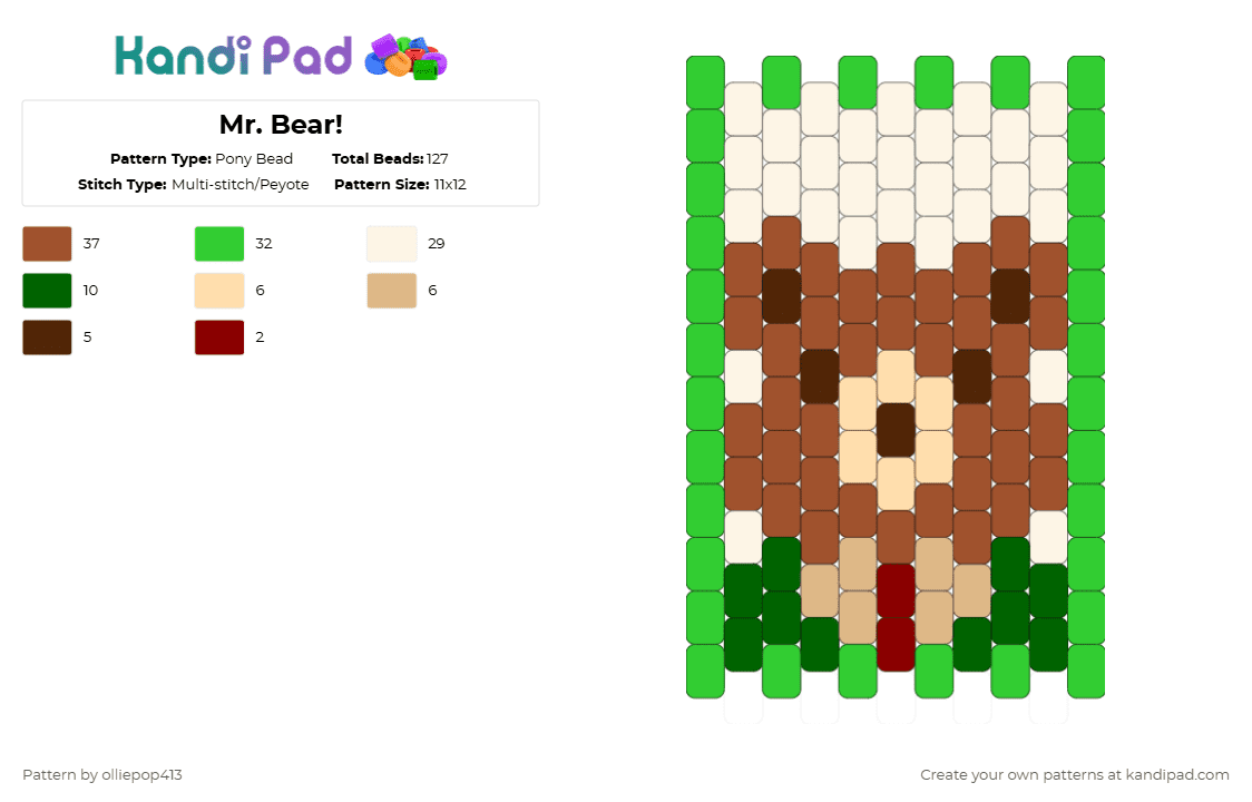 Mr. Bear! - Pony Bead Pattern by olliepop413 on Kandi Pad - green,red,bear,cub,animal,dappergentleman