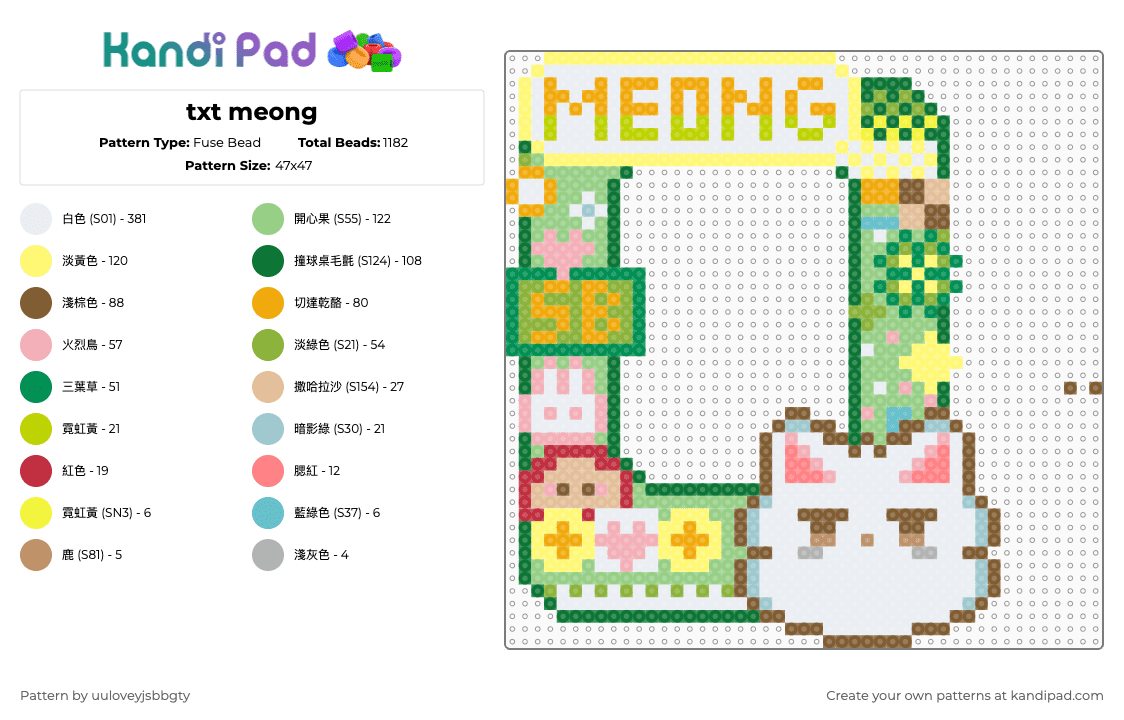 txt meong - Fuse Bead Pattern by uuloveyjsbbgty on Kandi Pad - picture frame,yellow,green,teal,tan