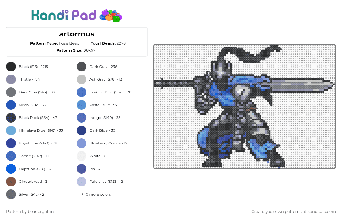 artormus - Fuse Bead Pattern by beadergriffin on Kandi Pad - artorias,dark souls,character,black,gray,beige,blue
