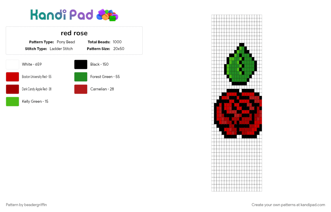 red rose - Pony Bead Pattern by beadergriffin on Kandi Pad - green, red, white