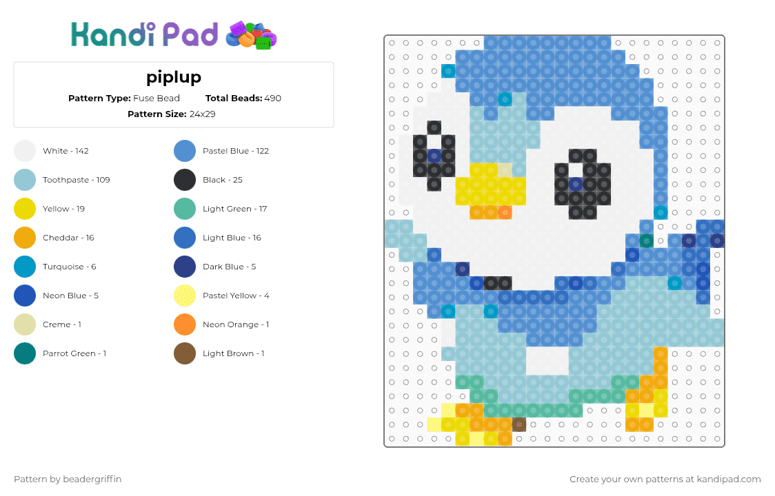 piplup - Fuse Bead Pattern by beadergriffin on Kandi Pad - light blue,piplup,pokemon