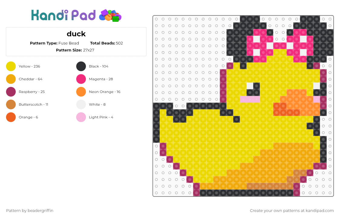 duck - Fuse Bead Pattern by beadergriffin on Kandi Pad - rubber ducky,duck,minnie mouse,bow,animal,yellow