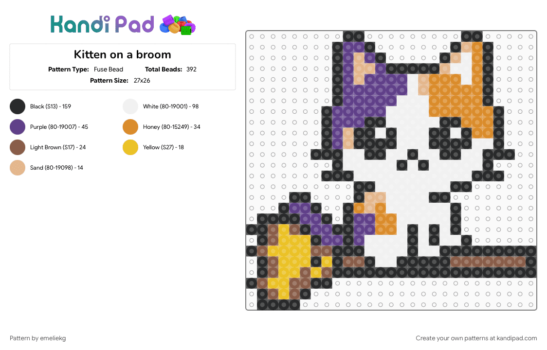 Kitten on a broom - Fuse Bead Pattern by emeliekg on Kandi Pad - orange, purple, white