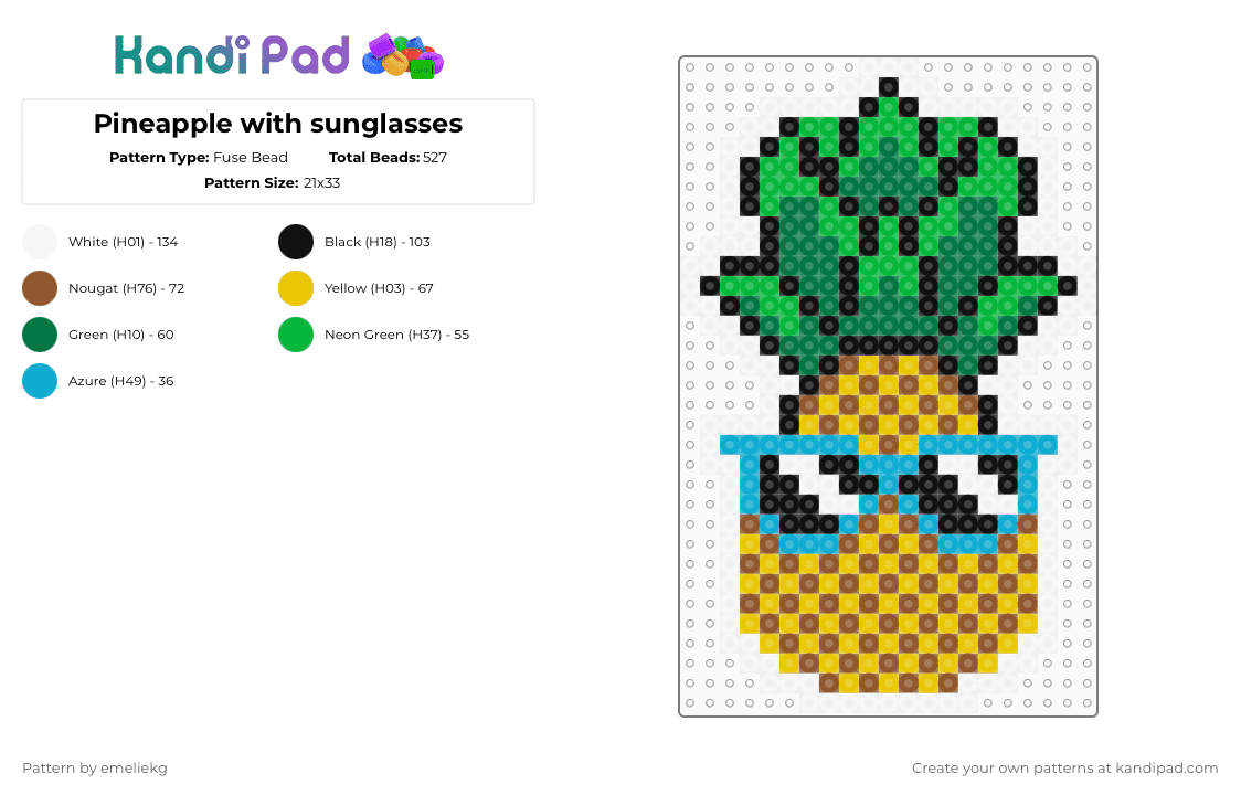 Pineapple with sunglasses - Fuse Bead Pattern by emeliekg on Kandi Pad - pineapple,sunglasses,fruit,food,plant,green,tan